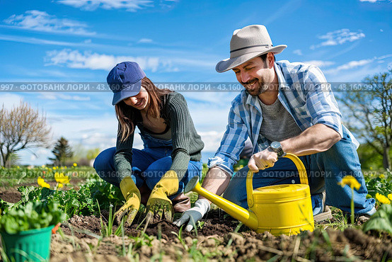 A married couple takes care of seedlings in the garden. Work is a pleasure. Стоковое AI-изображение, AI-художник Ярославский Максим / Фотобанк Лори