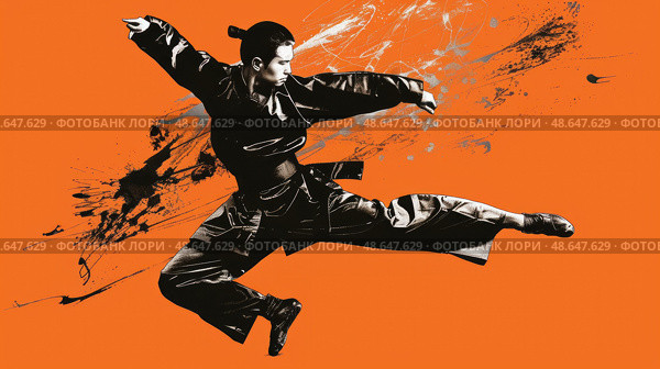 A martial artist executes an impressive kick in mid-air, demonstrating agility and technique, with a bright orange backdrop enhancing the dynamic action. Стоковое AI-изображение, AI-художник Данила Большаков / Фотобанк Лори