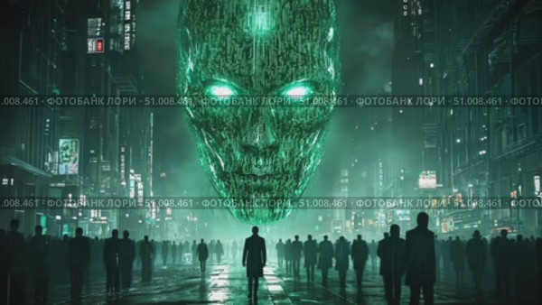 A massive digital face looms over a vibrant city at night, casting an eerie glow on the streets filled with people and neon lights. Стоковое AI-видео, аниматор Данила Большаков / Фотобанк Лори
