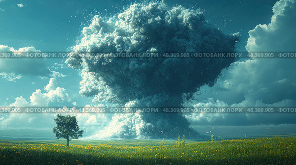 A massive mushroom cloud rises dramatically against a backdrop of lush green fields and a bright blue sky during a serene afternoon. Стоковое AI-изображение, AI-художник Данила Большаков / Фотобанк Лори