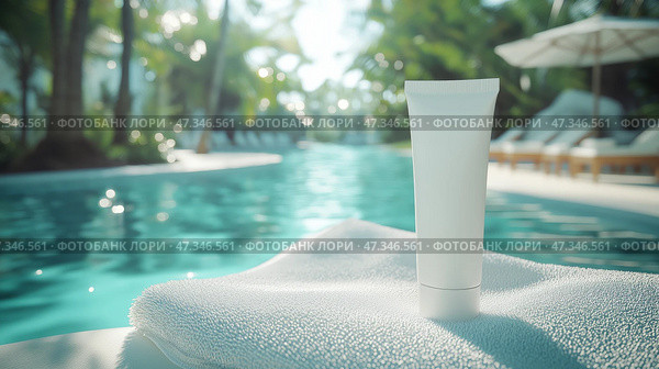 A matte white sunscreen tube Skincare product mockup placed by a sparkling pool. Макет матового белого тюбика с солнцезащитным кремом для ухода за кожей, расположенного у сверкающего бассейна. Стоковое AI-изображение, AI-художник Katsiaryna Repich / Фотобанк Лори