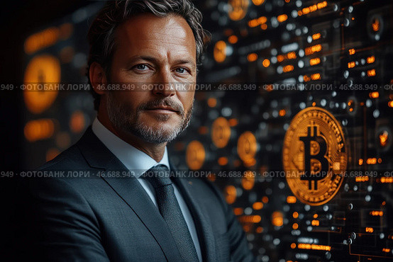 A mature man with slightly gray hair, dressed in an elegant dark suit, white shirt and tie. He has a confident, insightful look, which gives the impression of an experienced entrepreneur or investor. The background of the image is stylized as a digital environment with orange Bitcoin symbols connected by lines reminiscent of a blockchain network. The lighting emphasizes his face and strict business style, creating an atmosphere of financial stability and technological progress. Стоковое AI-изображение, AI-художник Анна Кривицкая / Фотобанк Лори