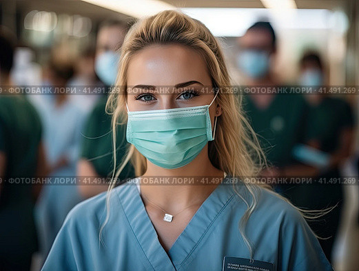 A medic girl in a mask and a medical gown in the interior of the hospital. Generated by AI. Стоковое AI-изображение, AI-художник Ярославский Максим / Фотобанк Лори