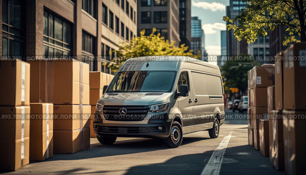 A Mercedes van is parked in front of a stack of cardboard boxes. Стоковое фото, фотограф Ярославский Максим / Фотобанк Лори
