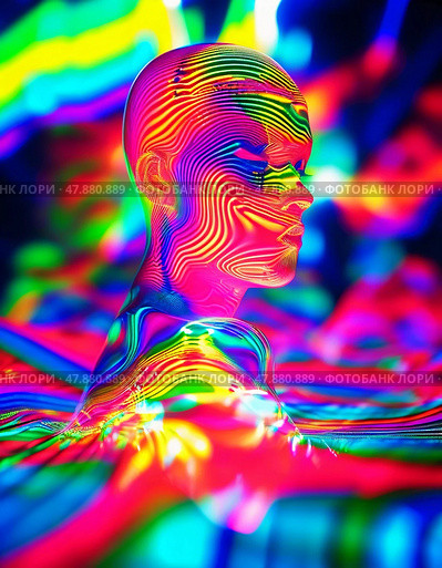 A mesmerizing luminescent spectacle captures an abstract human figure enveloped in vivid colors, swirling patterns, and psychedelic waves at a trance event. Generative AI. Стоковое AI-изображение, AI-художник Юлия Петровская / Фотобанк Лори