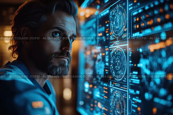 A middle-aged man with expressive blue eyes and a well-groomed beard. He stares intently at a large digital screen with holographic interfaces filled with complex diagrams, data, and technical elements. The lighting creates a futuristic atmosphere, with blue and orange tones predominating.The setting hints at a high-tech environment – ​​perhaps a control center, a medical center of the future, or a research lab. The overall style of the image is reminiscent of stills from science fiction films, conveying a sense of progress, analytical thinking, and technological development. Стоковое AI-изображение, AI-художник Анна Кривицкая / Фотобанк Лори