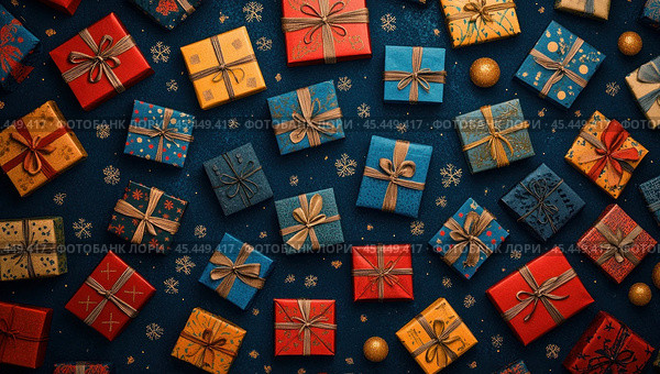A midnight blue canvas, rich and deep, is playfully scattered with vibrant gift boxes. Emerald, ruby, and gold hues pop against the dark backdrop, creating a joyful contrast. Стоковое AI-изображение, AI-художник Ярославский Максим / Фотобанк Лори