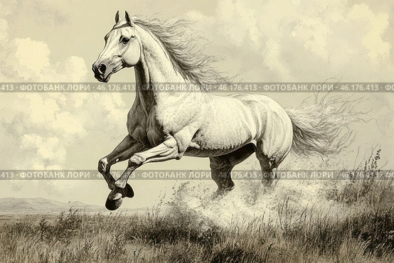 A mighty white horse in motion, galloping across the steppe, leaving a cloud of dust behind him. His mane and tail flutter in the wind, emphasizing dynamism and freedom. The background is done in a monochrome, sepia style, giving the image a classic and vintage look.The painting conveys a sense of strength, grace and wild freedom, which is associated with uncontrollable natural energy. Horses symbolize movement, independence and fortitude, and this image is presented especially powerfully here. Стоковое AI-изображение, AI-художник Анна Кривицкая / Фотобанк Лори
