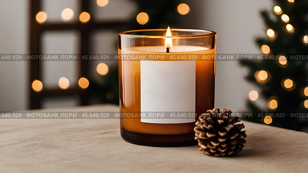A mock-up of a cozy burning candle made of amber glass with an empty white label in a festive, New Year's home interior. Стоковое AI-изображение, AI-художник Photojuli / Фотобанк Лори