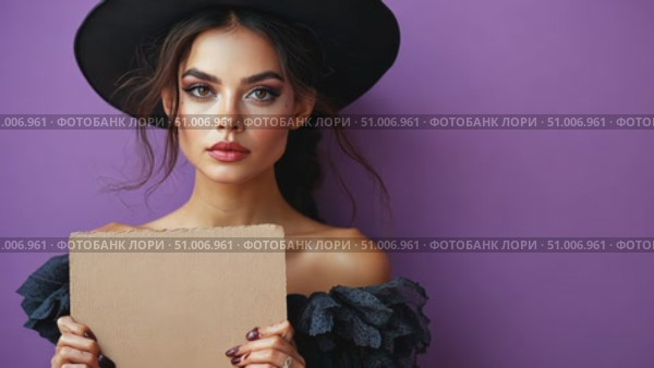 A model poses elegantly holding a blank board, emphasizing her fashion choice and striking features against a bold purple backdrop. Стоковое AI-видео, аниматор Данила Большаков / Фотобанк Лори