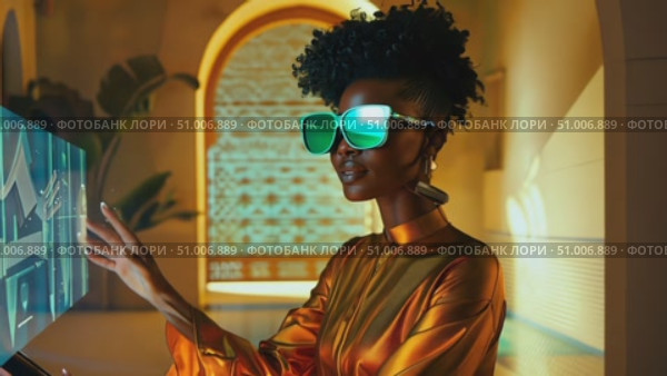 A model showcases contemporary fashion and bold accessories inside a beautifully designed urban environment. Стоковое AI-видео, аниматор Данила Большаков / Фотобанк Лори