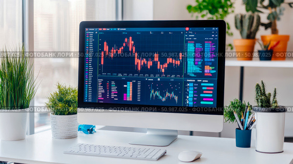 A modern desk setup featuring large computer monitor displaying intricate financial market charts and investment data, complemented by vibrant green plants and clean white peripherals. Стоковое AI-изображение, AI-художник Данила Большаков / Фотобанк Лори