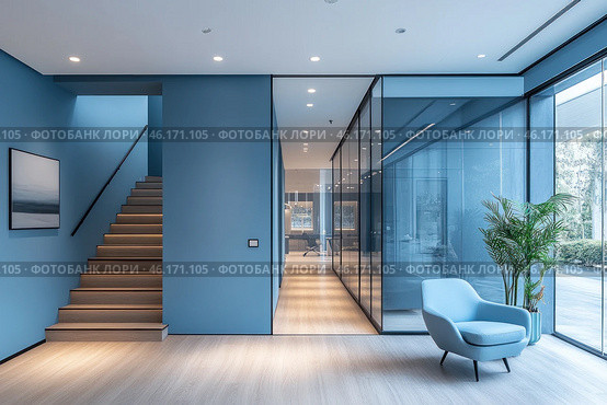 A modern, minimalist space in cool blue tones. The interior is dominated by glass partitions, creating a feeling of an open and bright room. On the right is a stylish light blue armchair, next to which stands a tall green palm tree in a decorative pot. A staircase with wooden steps and built-in lighting leads to the upper floor, and on the wall hangs a black and white abstract painting. In the back of the room, you can see an office space with modern design elements. Panoramic windows let in plenty of natural light and open up a view of the street, which enhances the feeling of space and harmony. Стоковое AI-изображение, AI-художник Анна Кривицкая / Фотобанк Лори