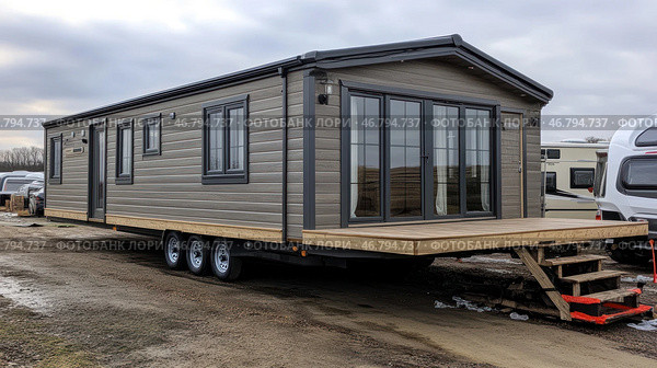 A modern mobile home on wheels with an elegant design. The house is made in gray and wooden shades, equipped with large panoramic windows and a spacious terrace with a wooden staircase. It stands on an open area among other mobile homes and caravans, which indicates the place of sale or temporary parking. The house looks spacious, comfortable for living and adapted for traveling or autonomous living. Стоковое AI-изображение, AI-художник Анна Кривицкая / Фотобанк Лори