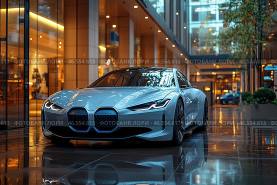 A modern sports coupe with a futuristic design, standing in a stylish urban space. The car is painted in glossy white, and its aerodynamic shapes emphasize elegance and power. The front part stands out with a characteristic grille and narrow LED headlights, giving an aggressive look.The reflection of the car on the wet floor enhances the effect of depth, creating an atmosphere of luxury and modern urbanism. The background is represented by glass facades of buildings with warm lighting, which adds contrast to the cold metallic shade of the car. Стоковое AI-изображение, AI-художник Анна Кривицкая / Фотобанк Лори