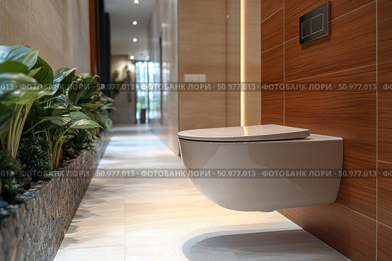 A modern wall-hung toilet is installed right in a spacious hallway, which looks unusual and provocative. The interior is decorated in a minimalist style: wooden wall decoration, light tiled floor, built-in lamps and living greenery along the wall create a feeling of coziness and elegance. The photo causes bewilderment and interest due to the unexpected combination of a functional object and a public space. Стоковое AI-изображение, AI-художник Анна Кривицкая / Фотобанк Лори