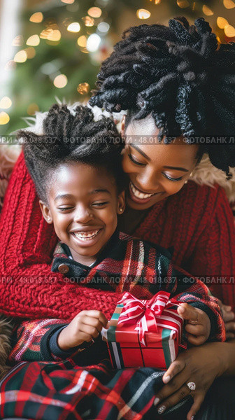 A mother and son happily unwrap a Christmas gift together in a warm, decorated room. Стоковое AI-изображение, AI-художник Данила Большаков / Фотобанк Лори