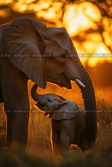 A mother elephant and her calf are foraging in tall grass. Стоковое AI-изображение, AI-художник Татьяна  Бральнина / Фотобанк Лори
