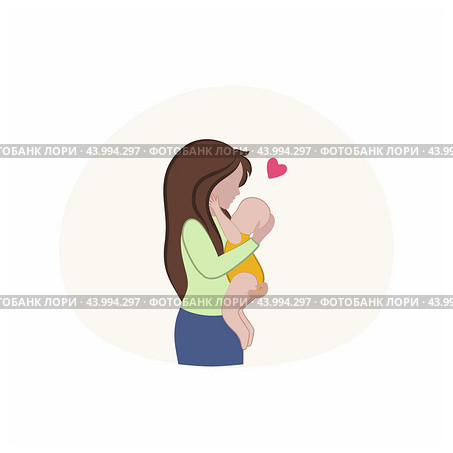 A mother holds a newborn baby in her arms. The mother and the child. Vector flat cartoon illustration on the theme of motherhood, childbirth, pregnancy and childhood. Happy childhood, beloved child. Стоковая иллюстрация, иллюстратор Полина Екимова / Фотобанк Лори