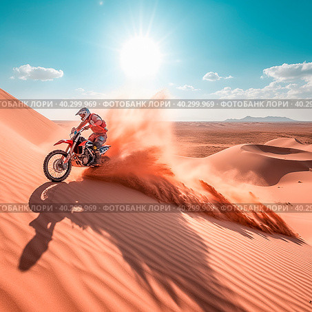A motorcyclist on a sports motorcycle rides through the desert at high speed. Around him is a fountain of sand. Стоковое AI-изображение, AI-художник Ярославский Максим / Фотобанк Лори