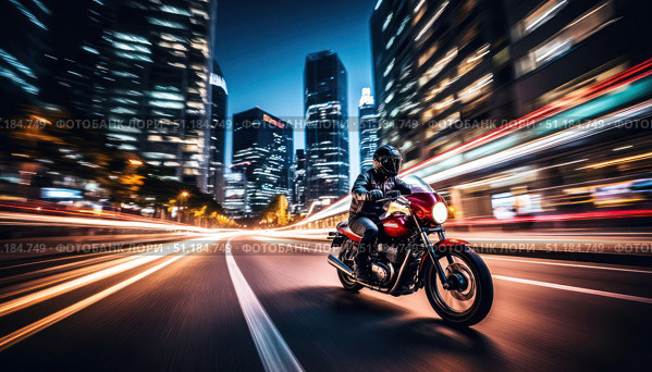 A motorcyclist rides along a city night street. The concept of excitement and adventure. Стоковое AI-изображение, AI-художник Ярославский Максим / Фотобанк Лори