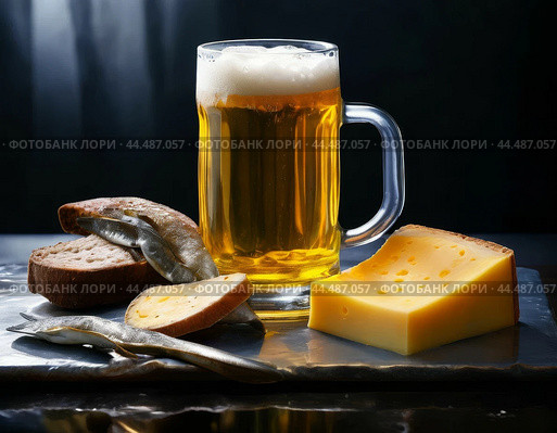 A mug of cold, foamy lager on the table. Стоковое AI-изображение, AI-художник Сергей Елизарьев / Фотобанк Лори