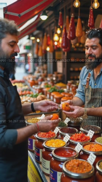 A multicultural food market stall overflowing with exotic condiments, jars of harissa, gochujang, and za'atar catching the light, Стоковое AI-видео, аниматор Sergey Grishin / Фотобанк Лори