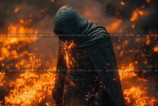 A mysterious man in a black hooded cloak standing in the middle of a raging fire. His robe is covered in ash and traces of soot, and from the inside it seems that he is literally on fire - bright orange-red sparks and streams of hot lava burst out of his chest. The atmosphere of the frame is filled with drama, as if this character is a creature reborn from the fire or a dark warrior carrying the flames of destruction. The fire reflects in the air, creating a sense of chaos and death. The color palette is dominated by dark, charred tones with bright flashes of heat. Стоковое AI-изображение, AI-художник Анна Кривицкая / Фотобанк Лори