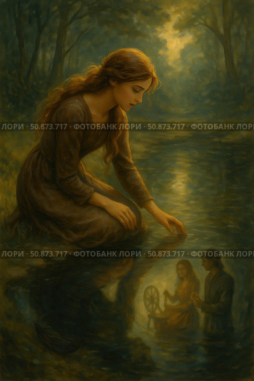 A mystical painting scene in the style of fairy-tale realism. A young woman sits by a forest lake, gently touching the water, which reflects images of her memories or future destiny - a girl at a spinning wheel and a young man next to her. The painting is permeated with a warm soft light, shrouded in an atmosphere of silence, nostalgia and magic. Ideal for themes about dreams, imagination, inner world, fairy tales, meditation and intuitive knowledge. Стоковое AI-изображение, AI-художник Анна Кривицкая / Фотобанк Лори