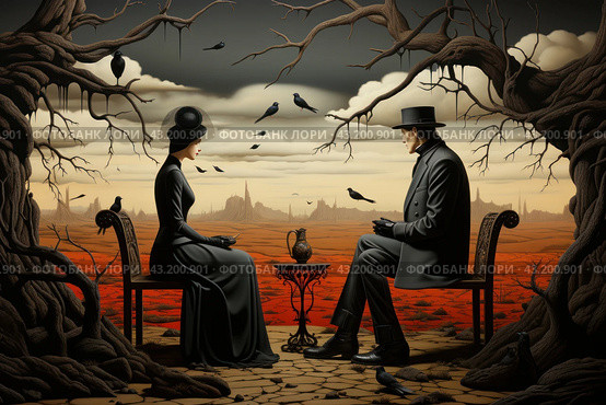 A mystical scene where a man and a woman, dressed in formal black clothes, sit on chairs opposite each other. They are in a desert landscape with red soil and distant mountains on the horizon. Dark clouds are gathering above them, and black crows are flying and sitting around them. Стоковое AI-изображение, AI-художник Анна Кривицкая / Фотобанк Лори