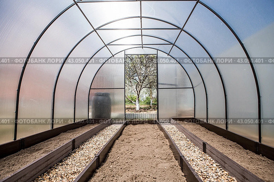 A new greenhouse made of polyethylene and polycarbonate with new beds made of Wood-polymer composite. Preparing for the spring garden season. Installation of a greenhouse in a suburban area. Стоковое фото, фотограф Photojuli / Фотобанк Лори