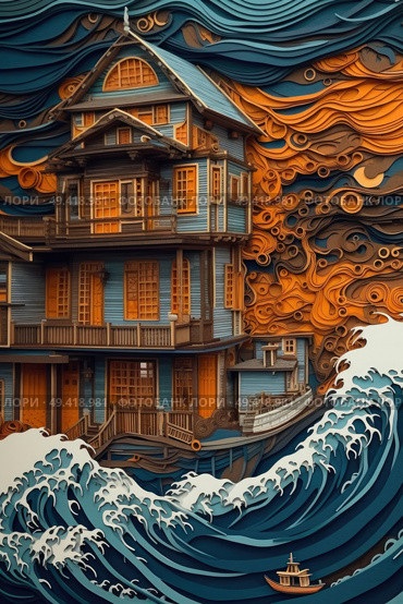 A painting depicting a house standing amidst a colossal wave. The structure appears to be in imminent danger as the powerful wave towers over it. Стоковое AI-изображение, AI-художник Данила Большаков / Фотобанк Лори