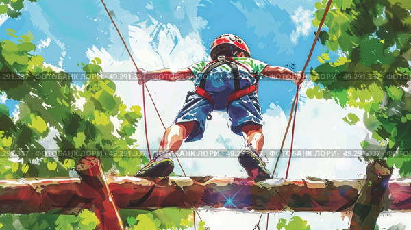 A painting depicting a person balancing while walking on a tightrope suspended in mid-air. Стоковое AI-изображение, AI-художник Данила Большаков / Фотобанк Лори