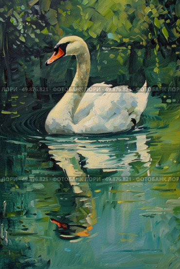 A painting depicting a swan gracefully swimming in a tranquil pond, surrounded by vibrant green foliage. Стоковое AI-изображение, AI-художник Данила Большаков / Фотобанк Лори