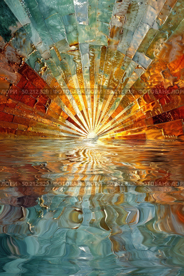 A painting depicting a vibrant sunburst radiating over a calm body of water, casting shimmering reflections on its surface. Стоковое AI-изображение, AI-художник Данила Большаков / Фотобанк Лори