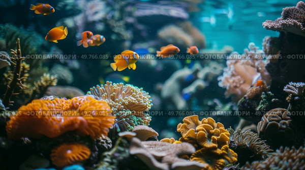 A painting depicting a vibrant underwater scene teeming with colorful corals swaying gently in the currents.. Underwater Painting With Corals. Стоковое фото, агентство Ingram Publishing / Фотобанк Лори