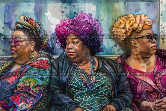 A painting featuring three women seated in a row, closely positioned next to each other. Стоковое AI-изображение, AI-художник Данила Большаков / Фотобанк Лори