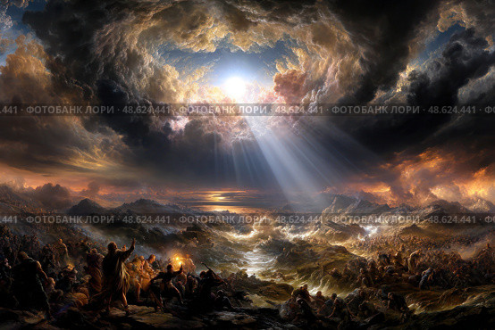 A painting of a stormy sea with a group of people on a cliff. Стоковое AI-изображение, AI-художник Ярославский Максим / Фотобанк Лори