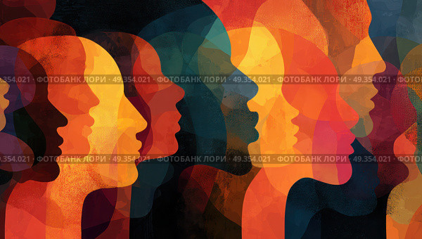 A painting of many faces with different colors and expressions. Стоковое AI-изображение, AI-художник Ярославский Максим / Фотобанк Лори