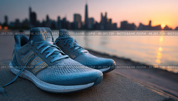 A pair of running shoes with a city skyline in the background at sunset, symbolizing fitness and outdoor activities. The shoes could be blue or gray to reflect energy and movement. Use a Canon EOS camera for high-resolution details and sharpness. --chaos 5 --ar 53:30 --raw --v 7 Job ID: 19ce334a-621b-4b5d-9688-565d0114a307. Стоковое AI-изображение, AI-художник Ярославский Максим / Фотобанк Лори