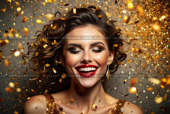 A party. A beautiful, happy girl in a stylish festive dress surrounded by gold confetti and sequins. The concept of celebrating a birthday and a happy new year. Close-up. Стоковое AI-изображение, AI-художник Photojuli / Фотобанк Лори