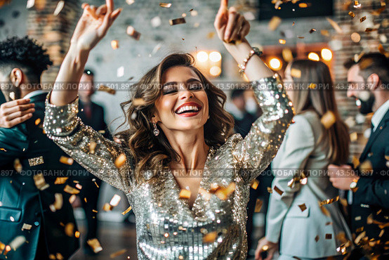 A party. A beautiful, happy girl in a stylish festive dress surrounded by gold confetti and sequins. The concept of celebrating a birthday and a happy new year. Close-up. Стоковое AI-изображение, AI-художник Photojuli / Фотобанк Лори
