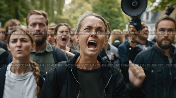 A passionate woman leads a group of protesters, loudly voicing demands with a megaphone as they march together for a cause. Стоковое AI-изображение, AI-художник Данила Большаков / Фотобанк Лори
