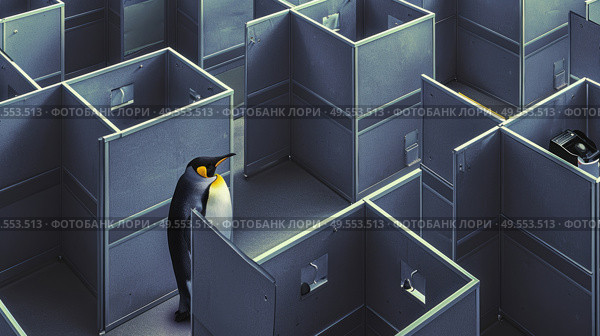 A penguin navigating through a challenging maze, trying to find a way out of the confusing pathways. Стоковое AI-изображение, AI-художник Данила Большаков / Фотобанк Лори