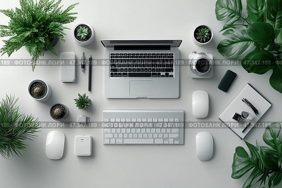 A perfectly organized and minimalist workspace. In the center is a silver laptop and wireless keyboard, surrounded by various accessories: white computer mice, a camera, a notepad, pens, a charger, and headphones. A special freshness is given by live plants in stylish pots, located symmetrically throughout the composition. The color palette is white and gray with an emphasis on green shades. The space looks aesthetically pleasing, modern, and inspiring - ideal for productive work. Стоковое AI-изображение, AI-художник Анна Кривицкая / Фотобанк Лори