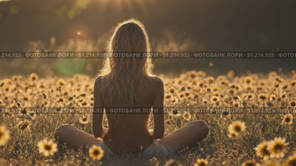 A person enjoys a serene meditation experience surrounded by vibrant sunflowers as the sun sets, creating a tranquil atmosphere in nature. Стоковое AI-видео, аниматор Данила Большаков / Фотобанк Лори