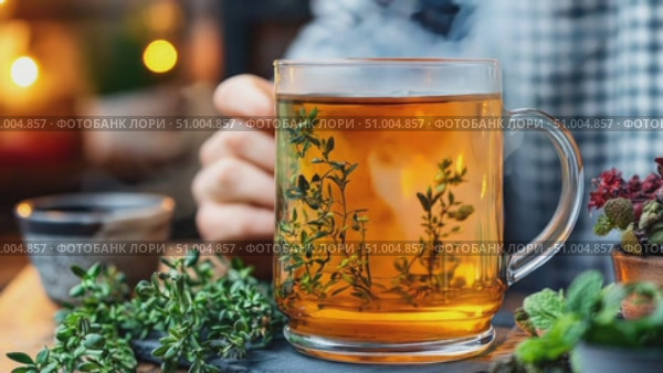 A person enjoys a warm cup of herbal tea made with fresh ingredients, surrounded by greenery and a warm, inviting setting. Стоковое AI-видео, аниматор Данила Большаков / Фотобанк Лори
