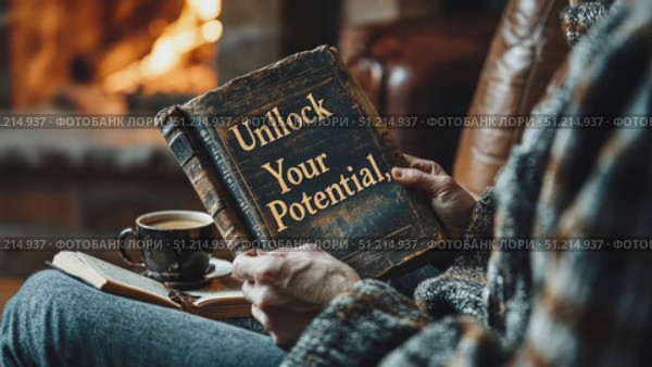 A person holds an inspiring book titled Unlock Your Potential while seated comfortably next to a crackling fire, savoring a warm beverage. Стоковое AI-видео, аниматор Данила Большаков / Фотобанк Лори