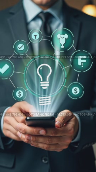 A person in a business suit working on a smartphone with virtual icons related to successful transactions, including a glowing green checkmark. Стоковое AI-видео, аниматор Sergey Grishin / Фотобанк Лори