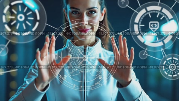 A person in a futuristic suit interacting with holographic tech elements, including digital icons and interfaces, front view, bright hi-tech background. Стоковое AI-видео, аниматор Sergey Grishin / Фотобанк Лори